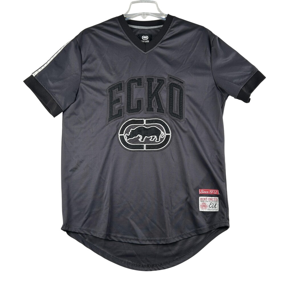 Ecko Unltd Shirt Mens Large Gray V-Neck Jersey Rhino Logo Graphic Tee Streetwear